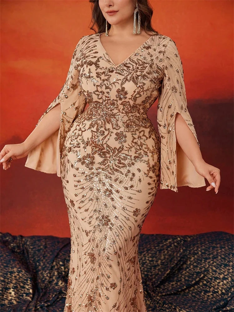 BLUEPLUM Plus Size Luxury Blue Evening Dresses Women 2025 Long Sleeve Mermaid Formal Sequins Prom Wedding Party Cocktail