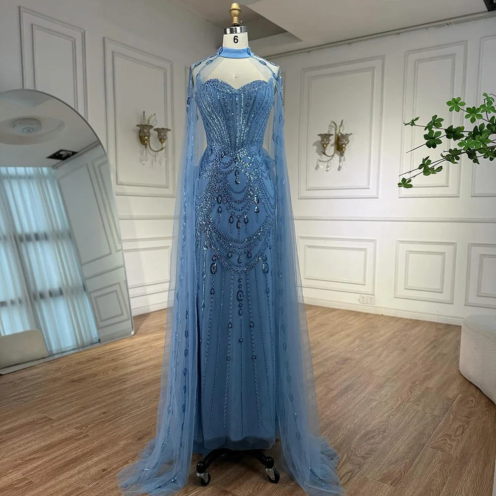 Robe de soirée de luxe bleue à paillettes et perles avec manches cape LA73108