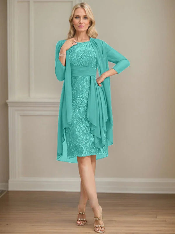 Etui/Säulenförmiges Kleid mit Illusion, knielang, aus Spitze und Chiffon, Brautmutterkleid mit herabfließenden Rüschen und Pailletten