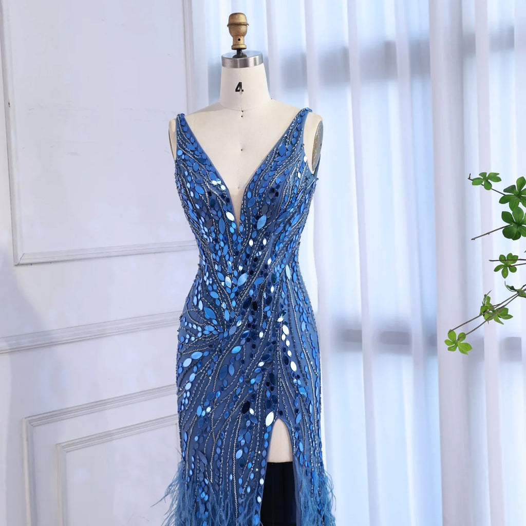 Abito da sera sirena con piume e perline blu lusso LA73369