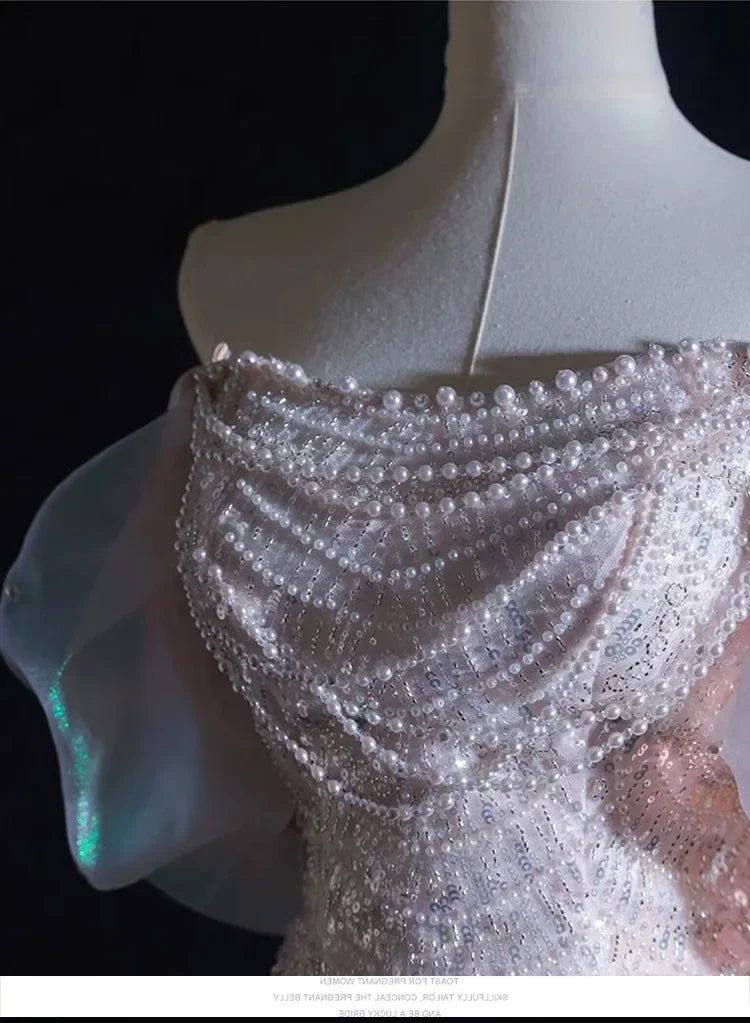 Luxuriöse elegante Perlenbesetzte Abendkleider 2025 Neue Schulter Pailletten Fischschwanzkleid Abschlussballkleid Hochzeitskleid Verlobungskleid