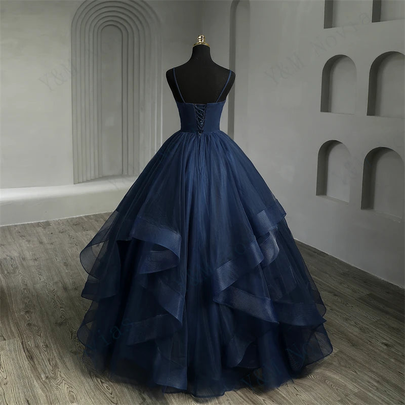 Navy Blue Quinceanera Dress With Ruffles And Spaghetti Straps Princess Gown
