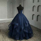 Navy Blue Quinceanera Dress With Ruffles And Spaghetti Straps Princess Gown