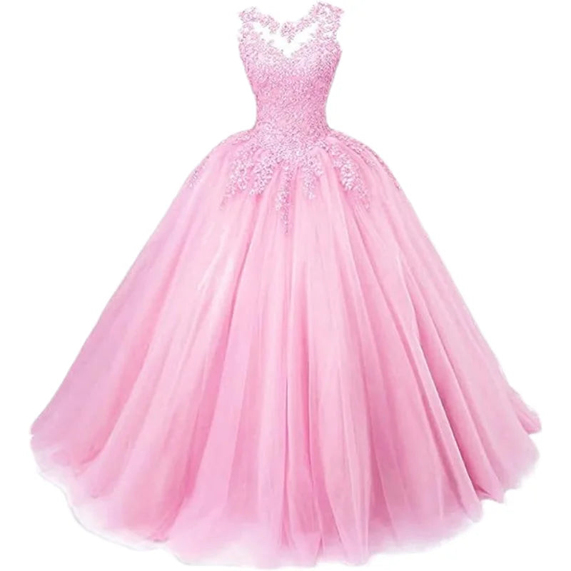 Customized Women's Beaded Lace Appliques Prom Dress Long Ball Gown Quinceanera Dresses Tulle Formal Sweet 16 Dress for T