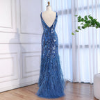 Abito da sera sirena con piume e perline blu lusso LA73369