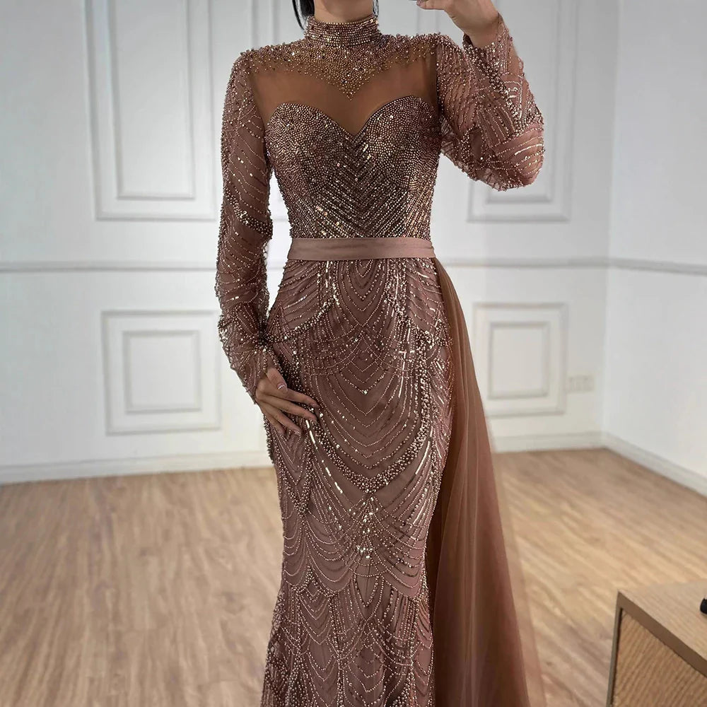 Luxury Brown Beaded Mermaid Evening Dress with Side Overskirt LA71913A