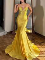 Blue Sequin V Neck Long Mermaid Prom Dress With Train