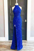 Vestido largo de fiesta azul real con cuello alto y lentejuelas, abertura SYP91