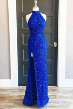 Vestido largo de fiesta azul real con cuello alto y lentejuelas, abertura SYP91