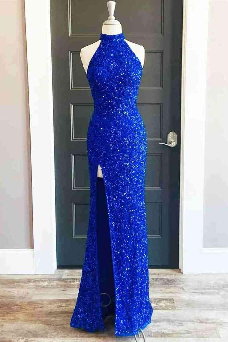 Vestido largo de fiesta azul real con cuello alto y lentejuelas, abertura SYP91