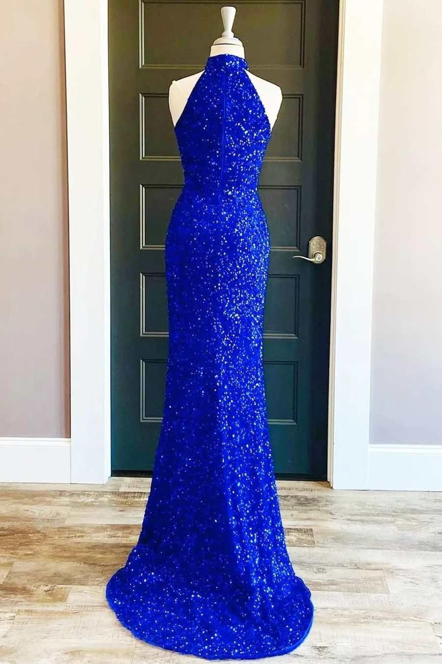 Vestido largo de fiesta azul real con cuello alto y lentejuelas, abertura SYP91