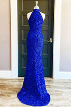 Vestido largo de fiesta azul real con cuello alto y lentejuelas, abertura SYP91