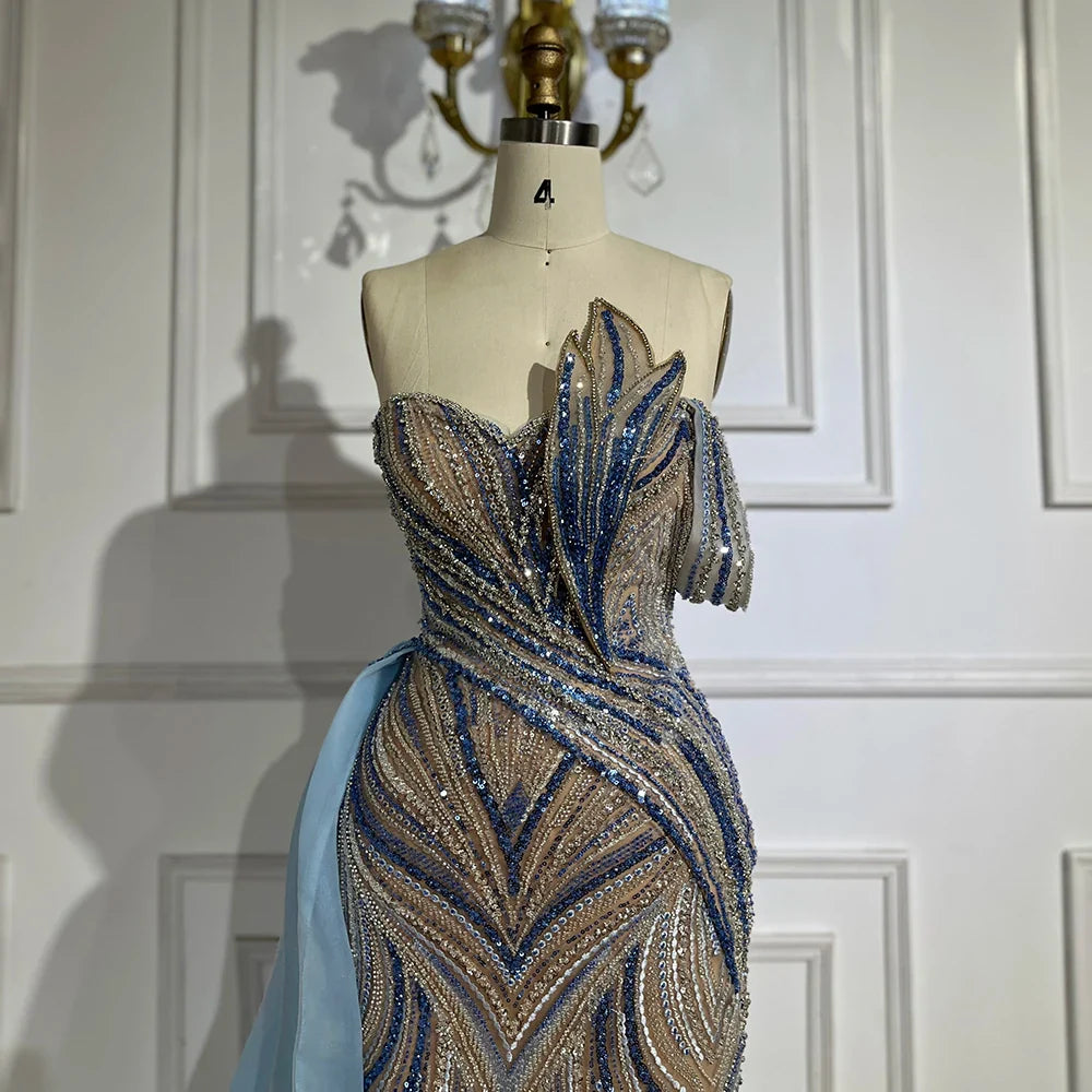 Arabic Blue One Shoulder Evening Gown With Side Overskirt Beaded Dress For Women Party Luxury Dubai LA72662
