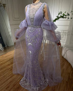 Vestidos largos de noche para ocasión formal con mangas abullonadas, lentejuelas brillantes y cuentas, sirena lila árabe de lujo Dubái LA72745