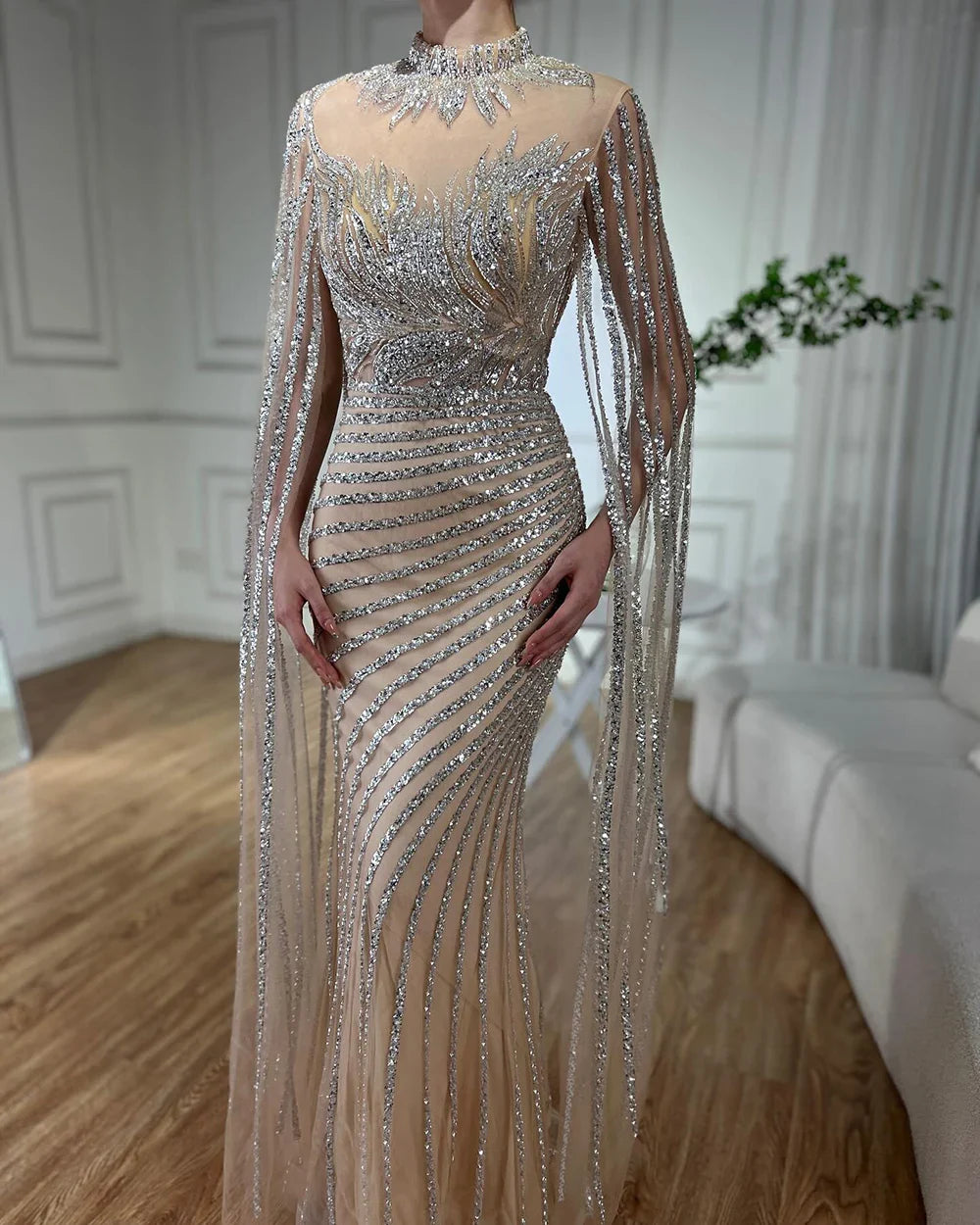 Vestidos largos de noche de sirena desnuda árabe de lujo de Dubái con capa LA71885B