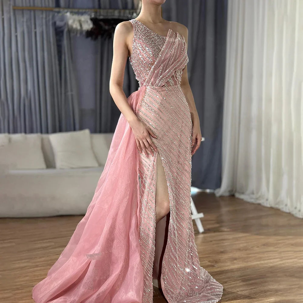 Vestido de noche saudí azul de lujo de un solo hombro con abertura y sobrefalda lateral con cuentas para ocasión formal LA72732
