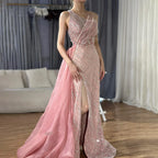 Vestido de noche saudí azul de lujo de un solo hombro con abertura y sobrefalda lateral con cuentas para ocasión formal LA72732