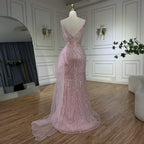 Vestido de noche sirena rosa claro con tirantes finos y sobrefalda con cuentas LA72378A