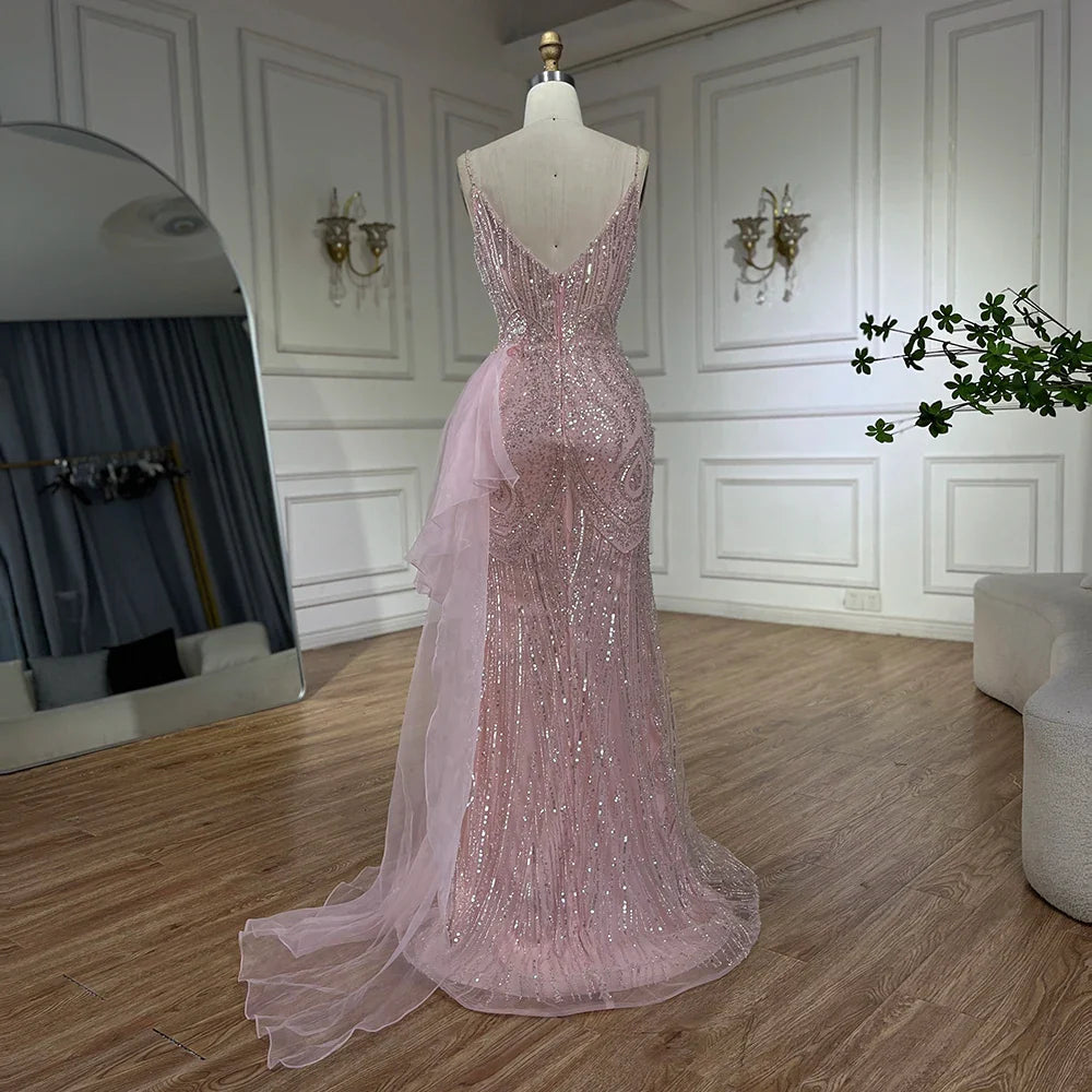 Light Pink Spaghetti Strap Mermaid Evening Dress with Beaded Overskirt LA72378A