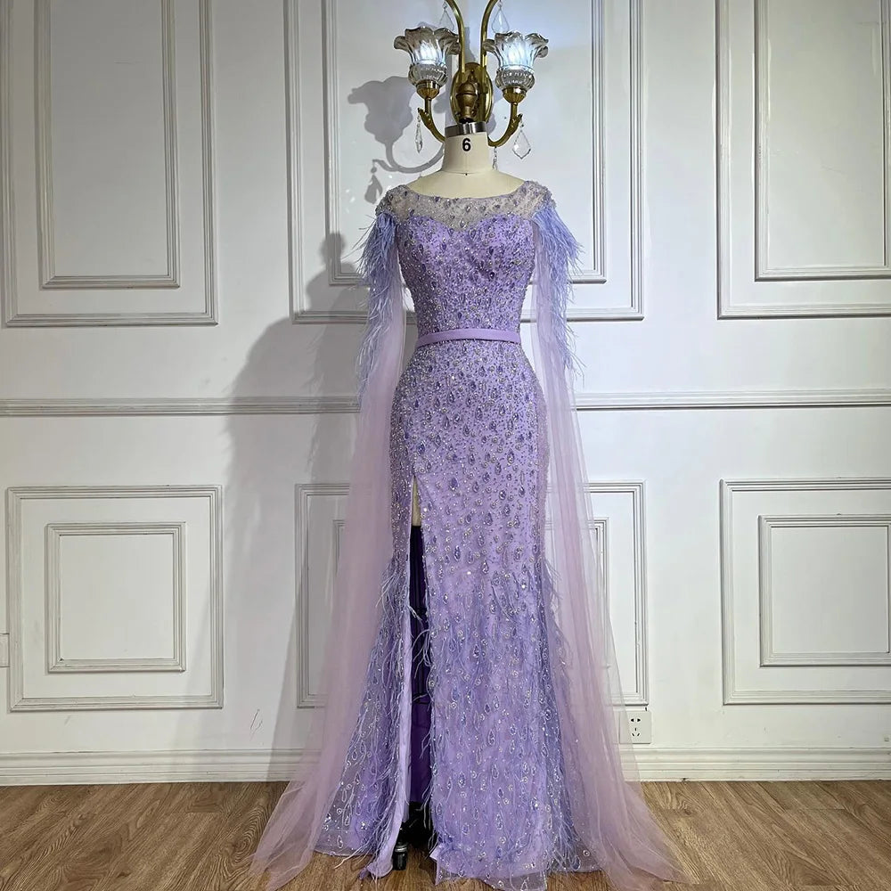 Serene Hill  Pink Cape Sleeves Dubai Evening Gown Mermaid with Side Skirt Feathers Beaded Dress for Women's Party LA72701