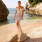 Serene Hill 2025 Weiß Nude Geteilter Meerjungfrau Perlenbesticktes Luxuriöses Abendkleid für Damen Hochzeitsfeier LA72522