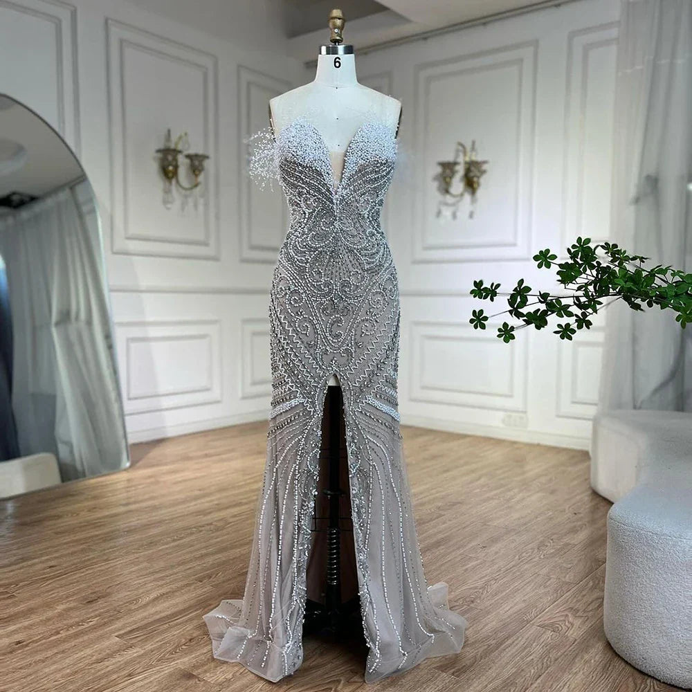 Serene Hill 2025 Weiß Nude Geteilter Meerjungfrau Perlenbesticktes Luxuriöses Abendkleid für Damen Hochzeitsfeier LA72522