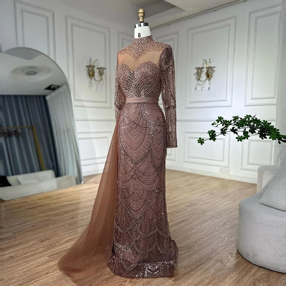 Robe de soirée sirène en perles marron luxe avec surjupe latérale LA71913A