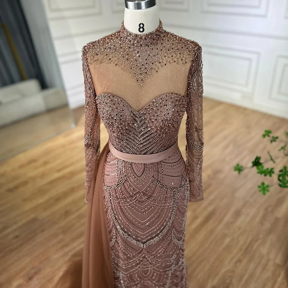 Robe de soirée sirène en perles marron luxe avec surjupe latérale LA71913A