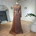 Robe de soirée sirène en perles marron luxe avec surjupe latérale LA71913A