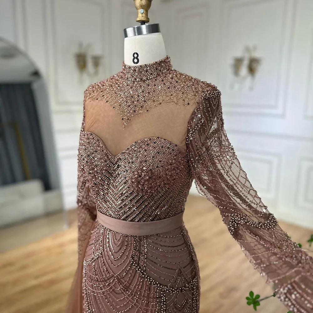 Robe de soirée sirène en perles marron luxe avec surjupe latérale LA71913A