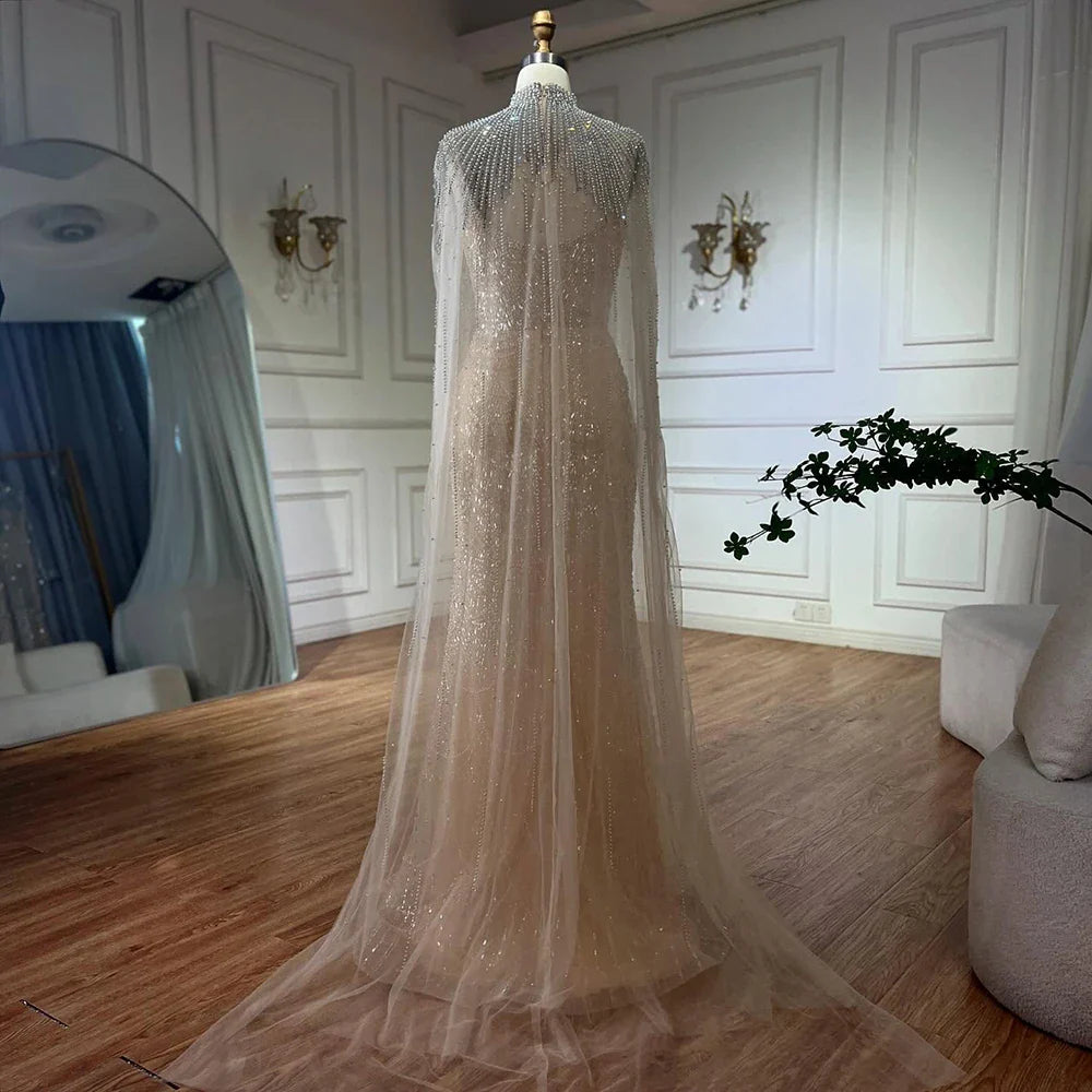 Robe de soirée de luxe en perles couleur nude avec traîne en tulle LA72189A