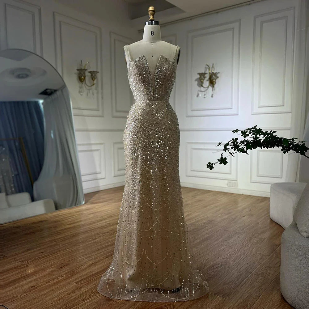 Robe de soirée de luxe en perles couleur nude avec traîne en tulle LA72189A