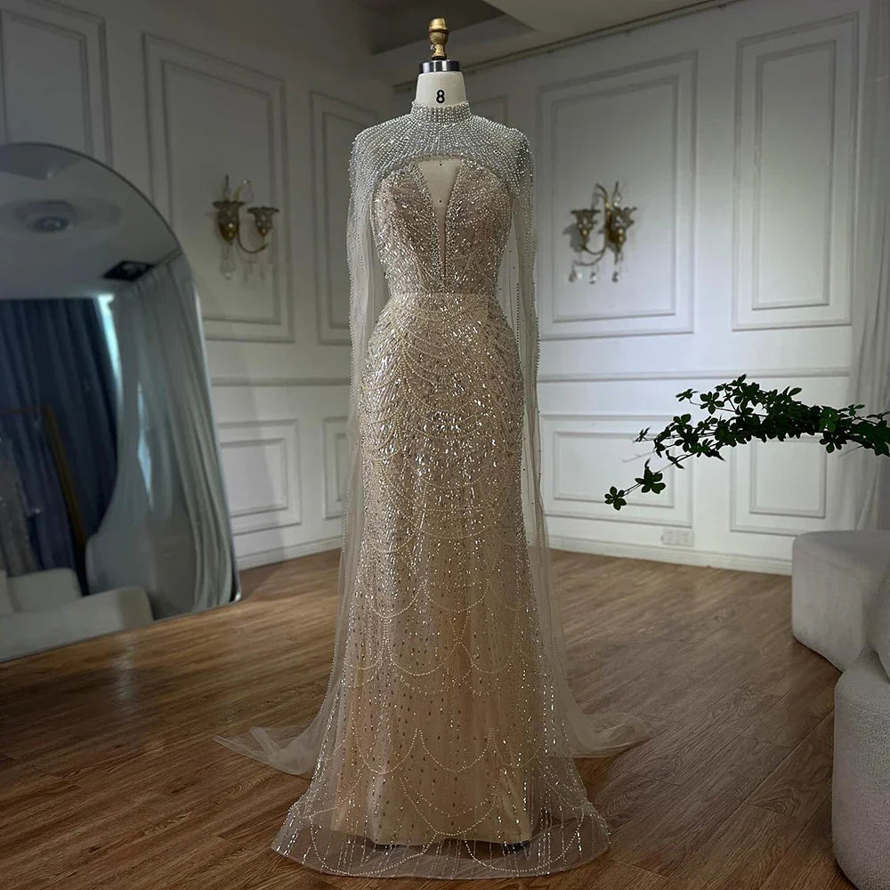 Robe de soirée de luxe en perles couleur nude avec traîne en tulle LA72189A