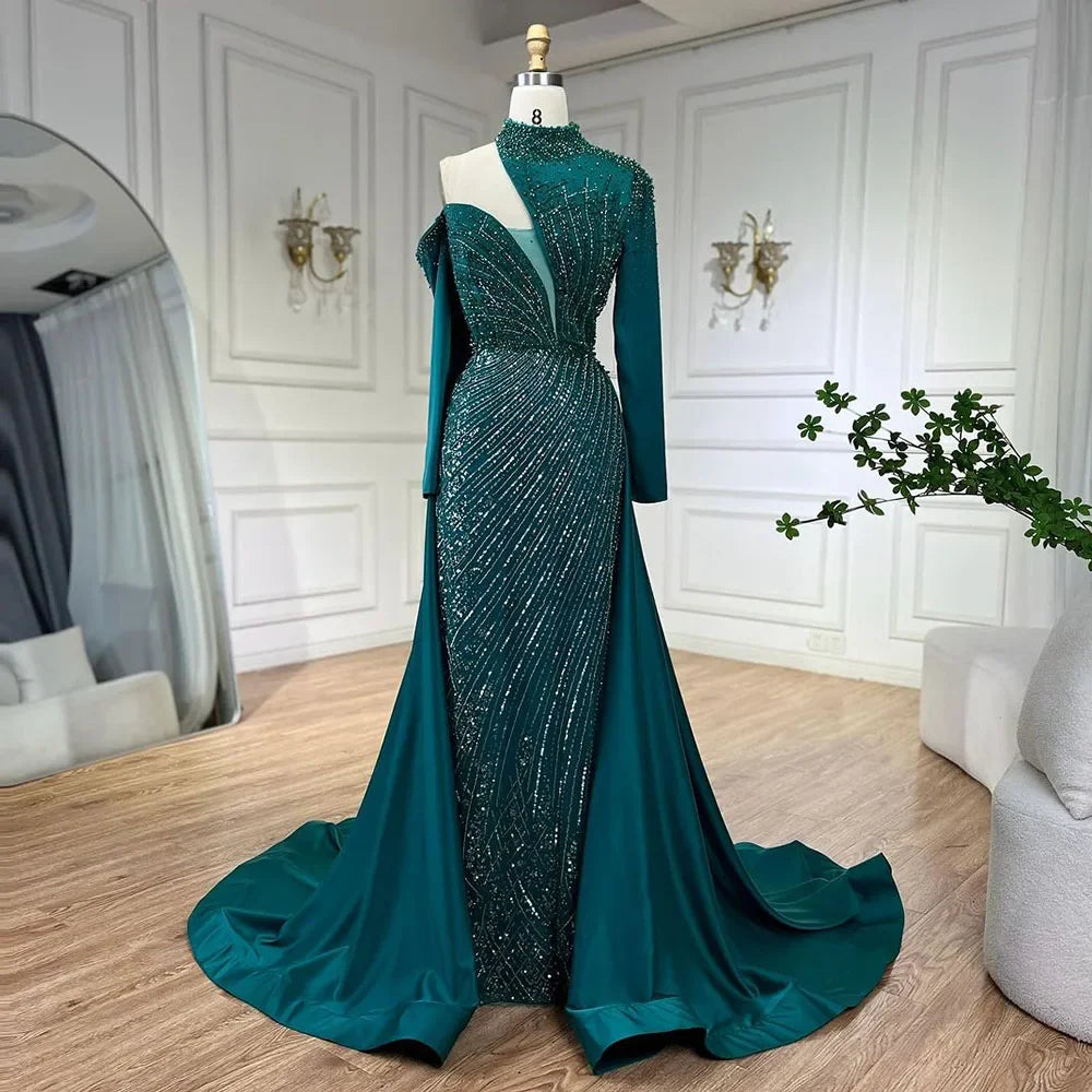 Serene Hill Abito elegante mermaid verde arabo con una spalla e perline, abito da sera di lusso Dubai per donne per feste di nozze LA72550