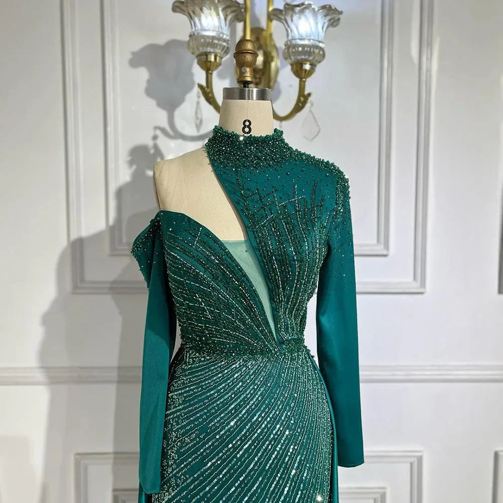 Serene Hill Abito elegante mermaid verde arabo con una spalla e perline, abito da sera di lusso Dubai per donne per feste di nozze LA72550