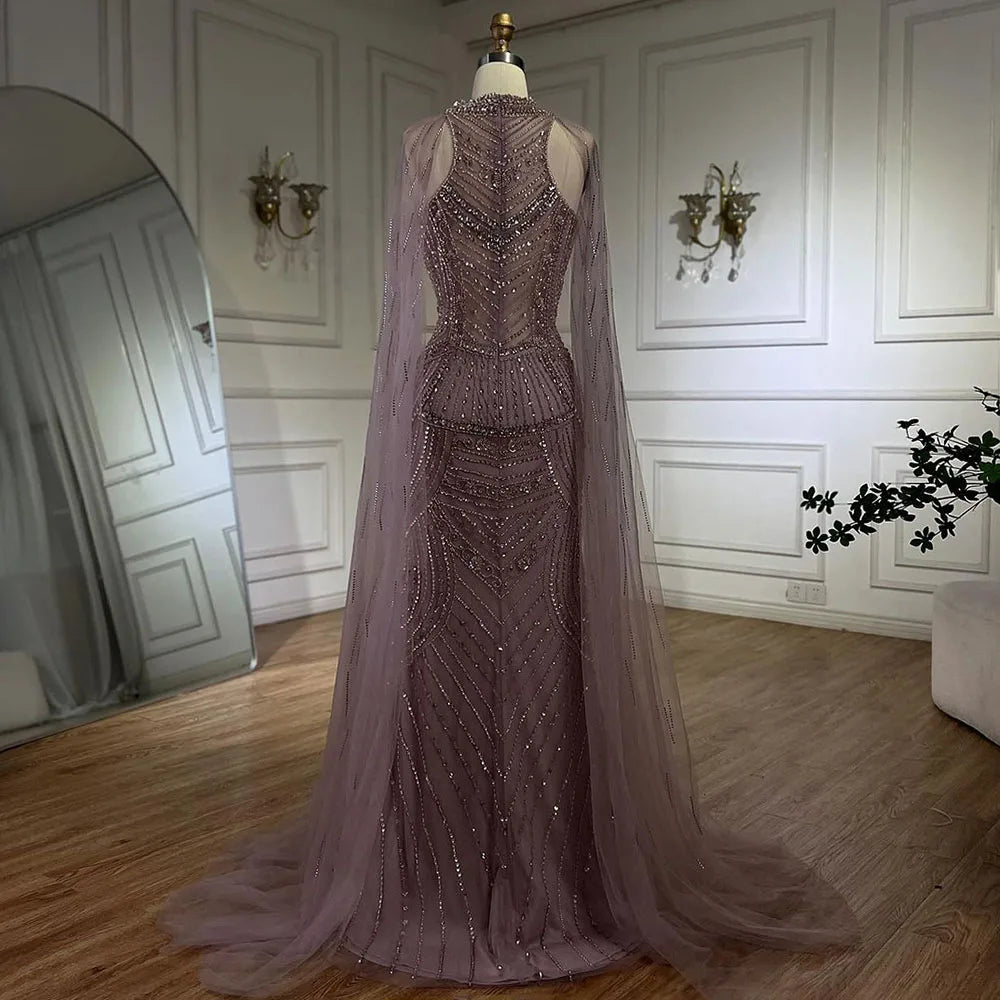 Luxury Dubai Caramel Beaded Mermaid Evening Dress with Cape Sleeves LA72138