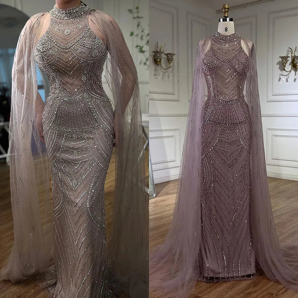 Vestido de Noite de Sereia com Contas Caramelo de Luxo de Dubai e Mangas de Capa LA72138