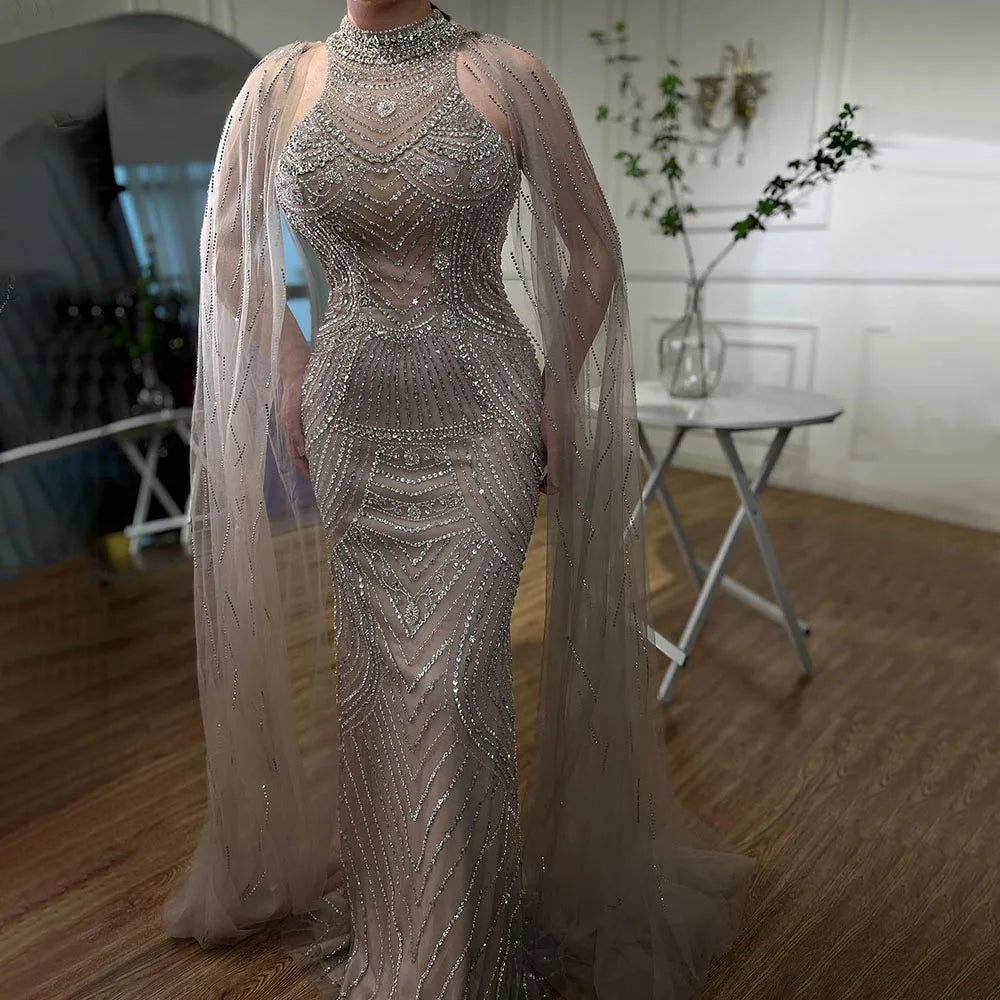 Luxury Dubai Caramel Beaded Mermaid Evening Dress with Cape Sleeves LA72138