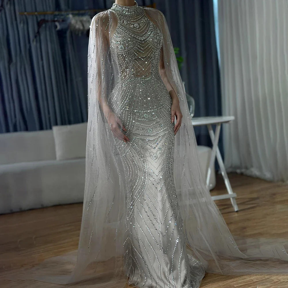 Luxury Dubai Caramel Beaded Mermaid Evening Dress with Cape Sleeves LA72138