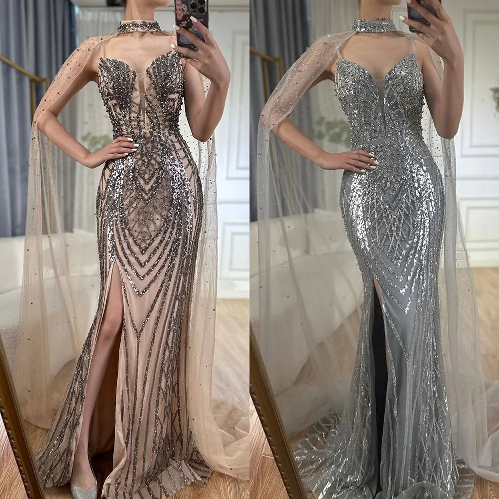 Vestido de noche lujoso de Dubái en negro y nude con tirantes finos de cuentas y capa larga para ocasión formal LA72795