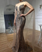 Vestido de noche lujoso de Dubái en negro y nude con tirantes finos de cuentas y capa larga para ocasión formal LA72795