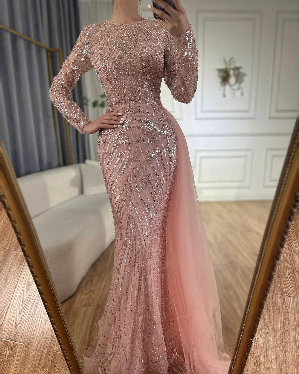 Luxury Dubai  Caramel Beaded Mermaid Long Arabic Evening Dresses Gowns With Overskirt for Formal Occasion  LA71673A
