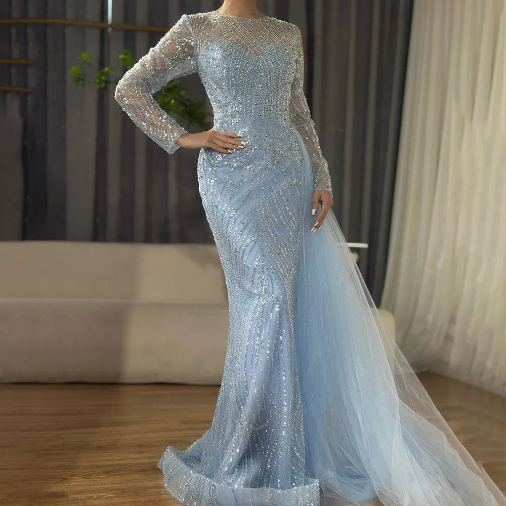 Vestidos largos árabes de noche con cuentas color caramelo estilo sirena de lujo de Dubái con sobrefalda para ocasión formal LA71673A