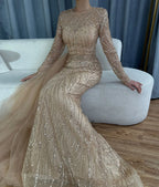 Vestidos largos árabes de noche con cuentas color caramelo estilo sirena de lujo de Dubái con sobrefalda para ocasión formal LA71673A