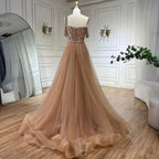 Serene Hill Gold Meerjungfrau Elegantes Ein-Schulter Überrock Perlenverzierte Luxuriöse Abendkleider Roben 2025 Für Frauen Hochzeit Fest LA72453