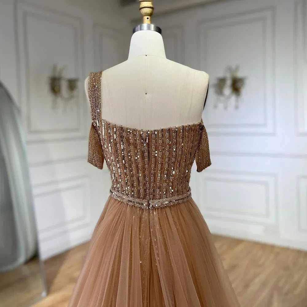 Serene Hill Gold Meerjungfrau Elegantes Ein-Schulter Überrock Perlenverzierte Luxuriöse Abendkleider Roben 2025 Für Frauen Hochzeit Fest LA72453