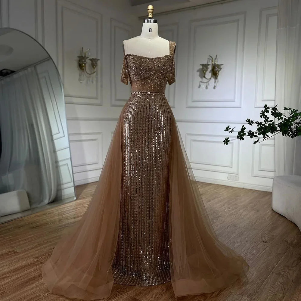 Serene Hill Gold Meerjungfrau Elegantes Ein-Schulter Überrock Perlenverzierte Luxuriöse Abendkleider Roben 2025 Für Frauen Hochzeit Fest LA72453