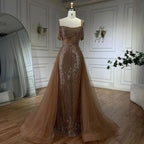 Serene Hill Gold Meerjungfrau Elegantes Ein-Schulter Überrock Perlenverzierte Luxuriöse Abendkleider Roben 2025 Für Frauen Hochzeit Fest LA72453