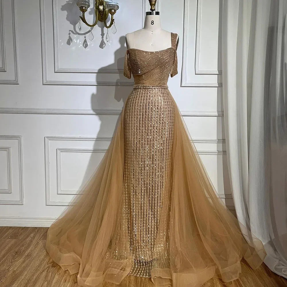 Serene Hill Gold Mermaid Elegant One Shoulder Overskirt Beaded Luxury Evening Dresses Gowns 2025 For Women Wedding Party LA72453