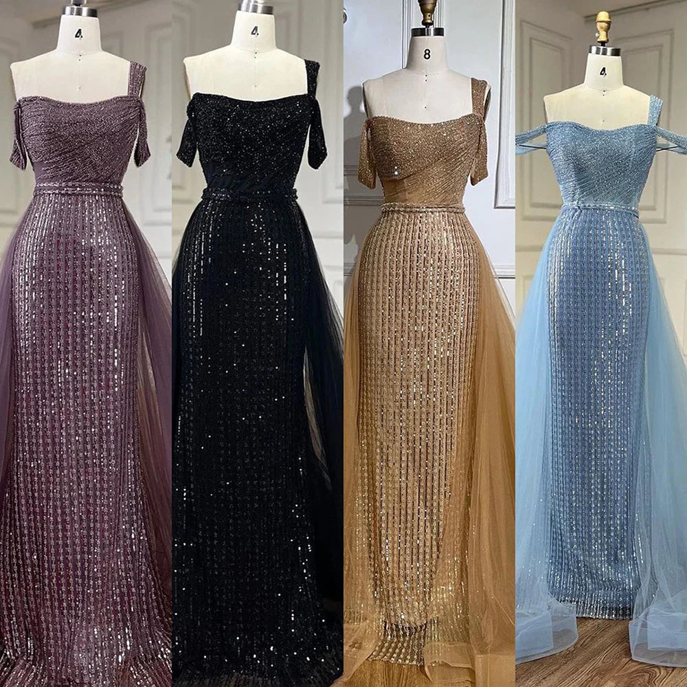 Serene Hill Gold Mermaid Elegant One Shoulder Overskirt Beaded Luxury Evening Dresses Gowns 2025 For Women Wedding Party LA72453